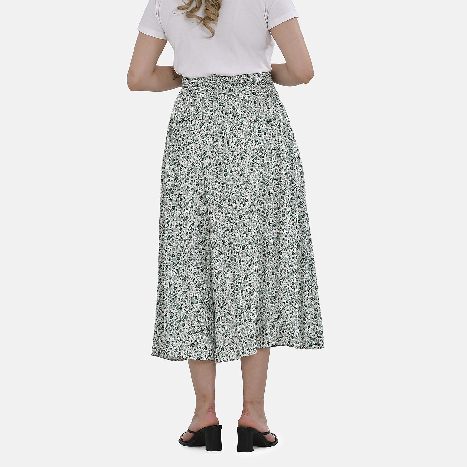 Tamsy 100% Viscose Floral Pattern Smocked Waist Culottes (One Size) - Light Green