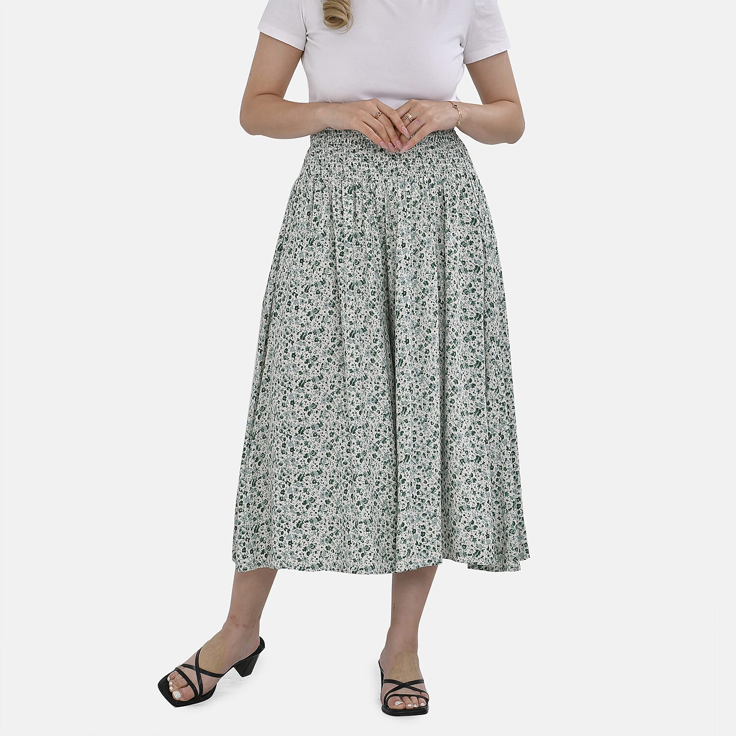 Tamsy 100% Viscose Floral Pattern Smocked Waist Culottes (One Size) - Light Green