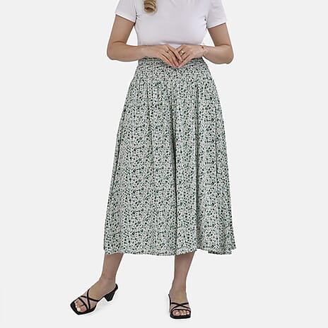 TAMSY 100% Viscose Floral Pattern Smocked Waist Culottes (One Size) - Light Green