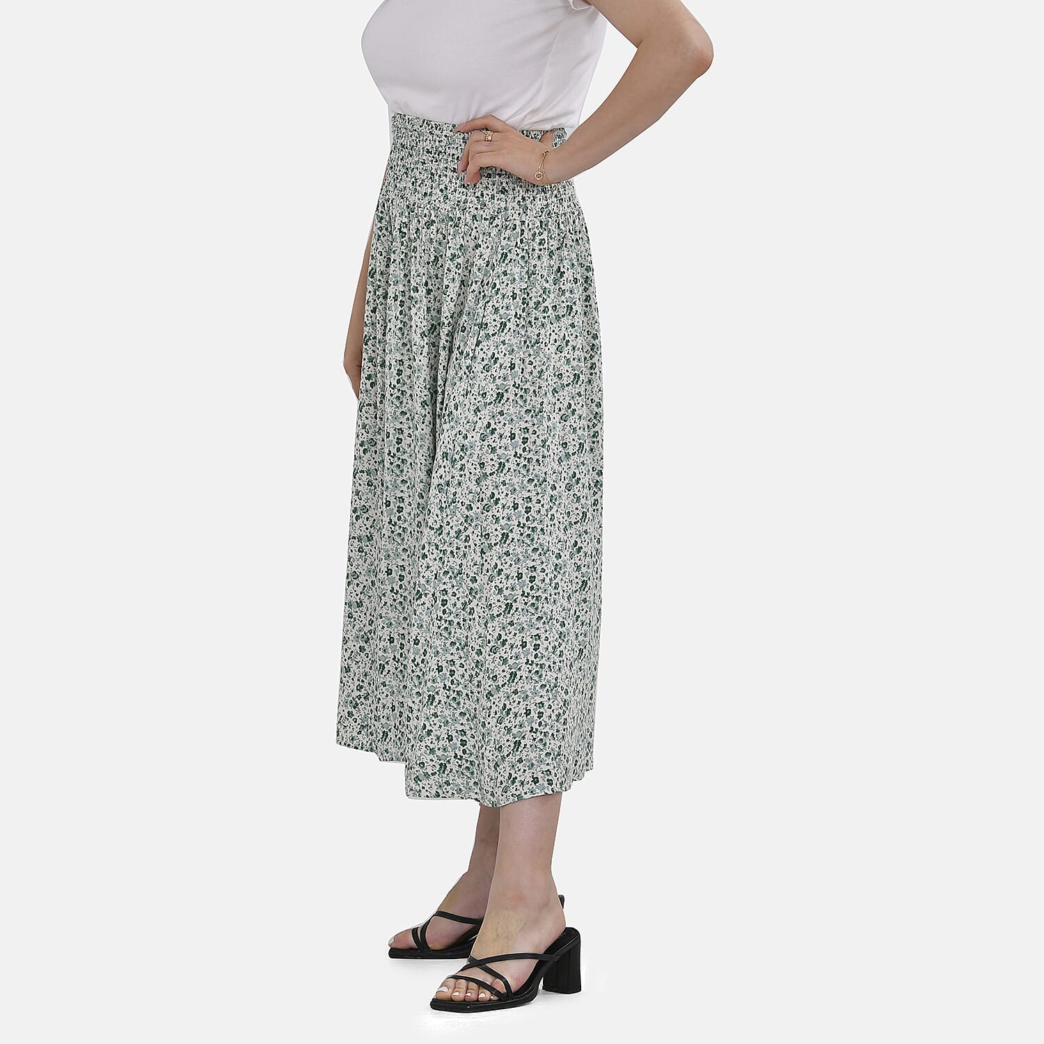 Tamsy 100% Viscose Floral Pattern Smocked Waist Culottes (One Size) - Light Green