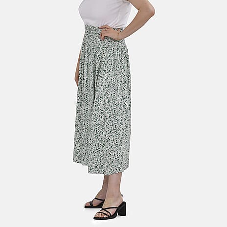 TAMSY 100% Viscose Floral Pattern Smocked Waist Culottes (One Size) - Light Green