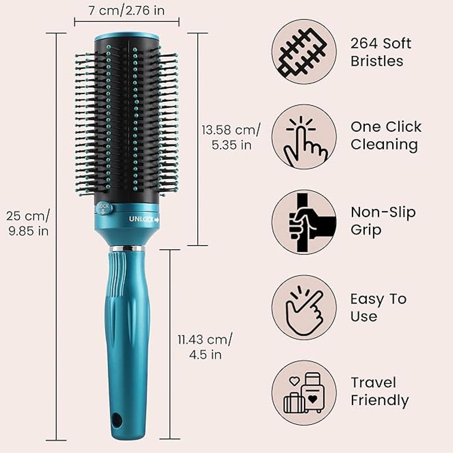 Neomi - Retractable Detangle Hair Brush for Curly Hair, Straight Hair & Wet Hair, Soft Bristle for Long, Thick & Curly Hair | Easy Clean Travel Brush - Teal