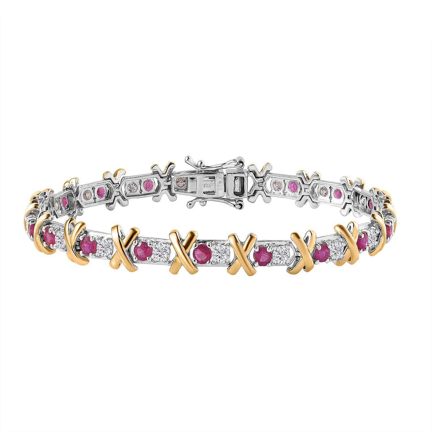 Moissanite and Ruby XO Bracelet (Size - 8) in 18K Yellow Gold Vermeil and Platinum Overlay Sterling Silver 5.50 Ct,