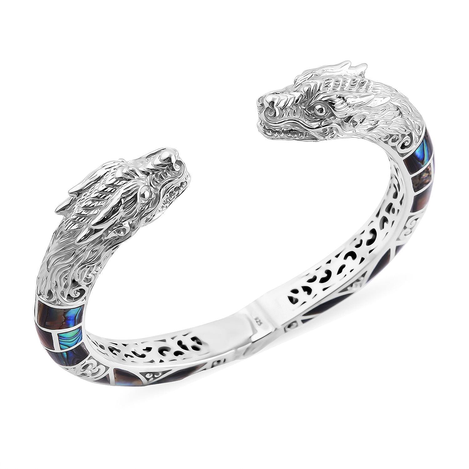 Royal Bali Collection - Artisan Crafted Abalone Shell Cuff Bangle (Size 7.5) Sterling Silver, Silver Wt. 44.75 GM