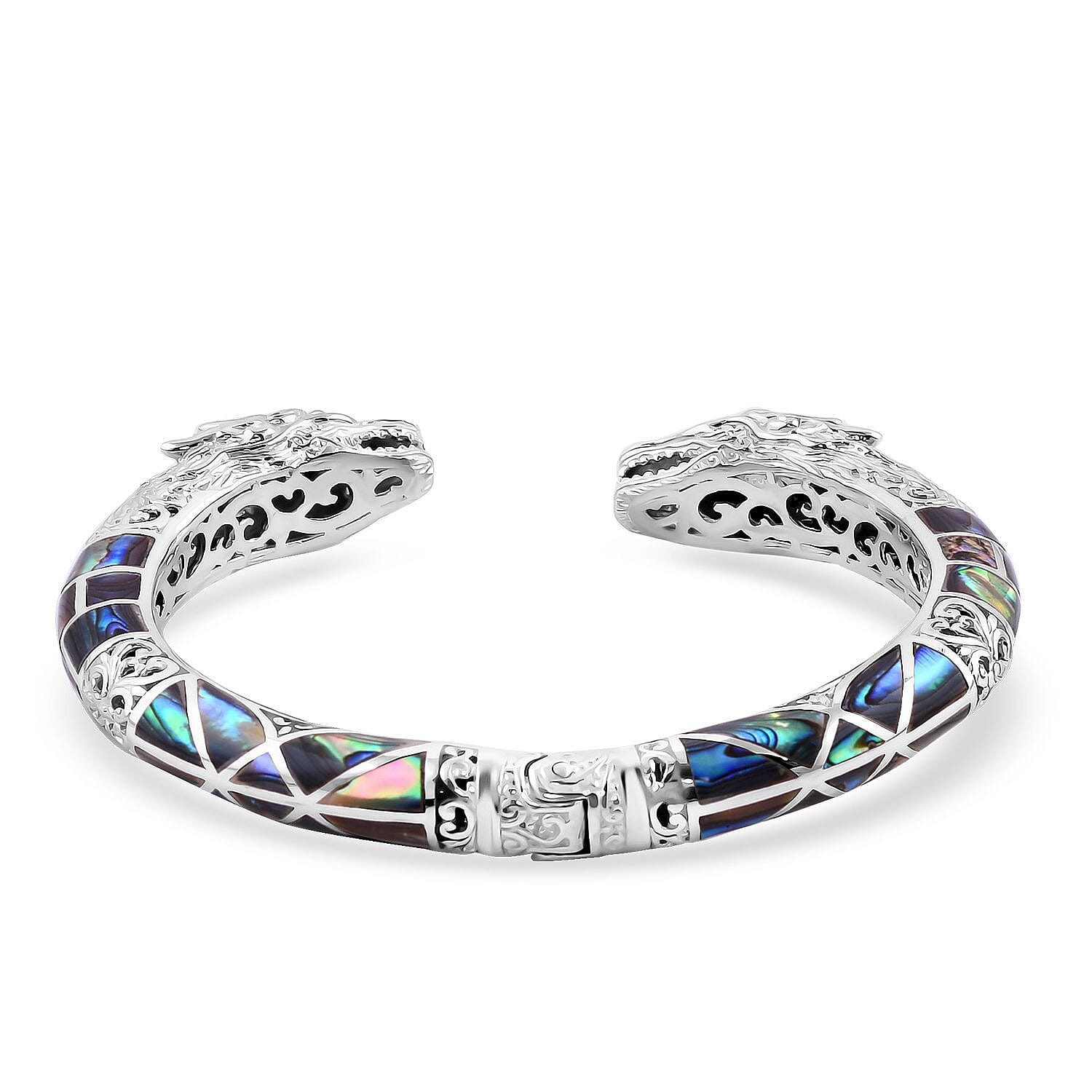 Royal Bali Collection - Artisan Crafted Abalone Shell Cuff Bangle (Size 7.5) Sterling Silver, Silver Wt. 44.75 GM