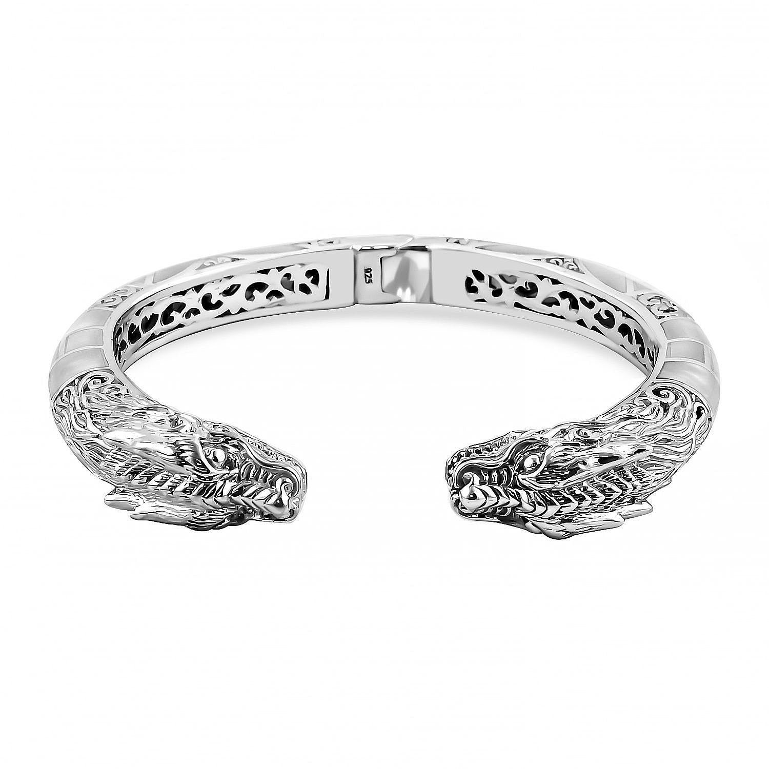Royal Bali Collection - Artisan Crafted Mother Of Pearl Dragon Cuff Bangle (Size 7.5) in Sterling Silver