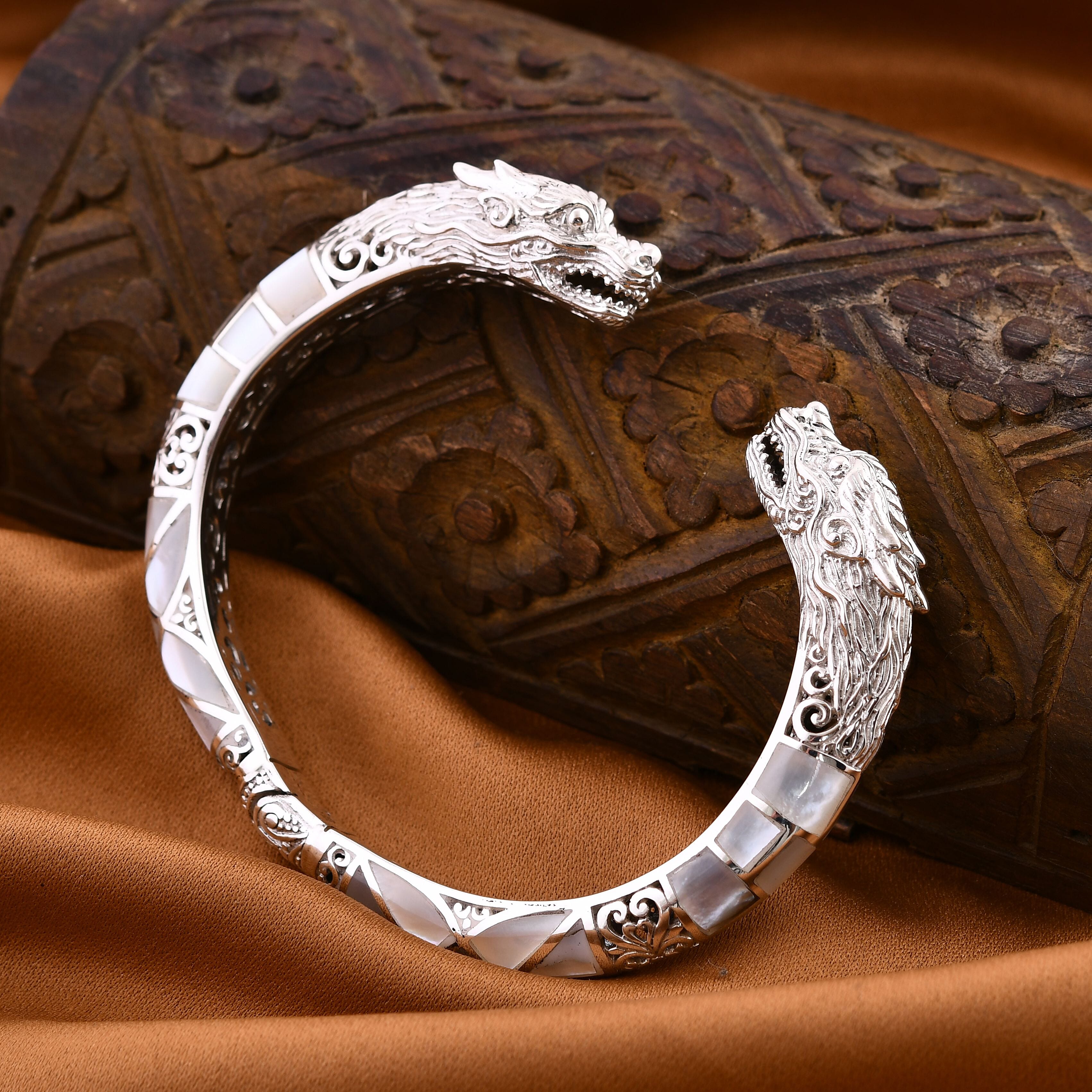 Royal Bali Collection - Artisan Crafted Mother Of Pearl Cuff Bangle (Size 7.5) Sterling Silver, Silver Wt. 45.5 Gms
