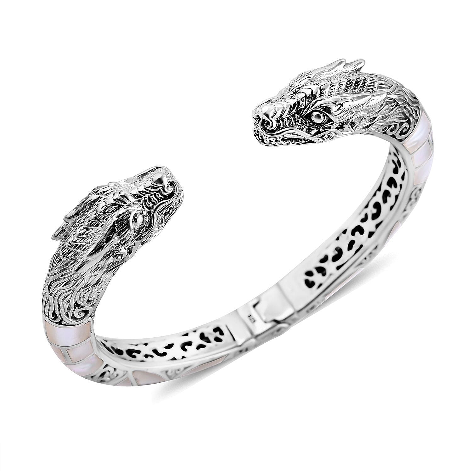 Royal Bali Collection - Artisan Crafted Mother Of Pearl Cuff Bangle (Size 7.5) Sterling Silver, Silver Wt. 45.5 Gms