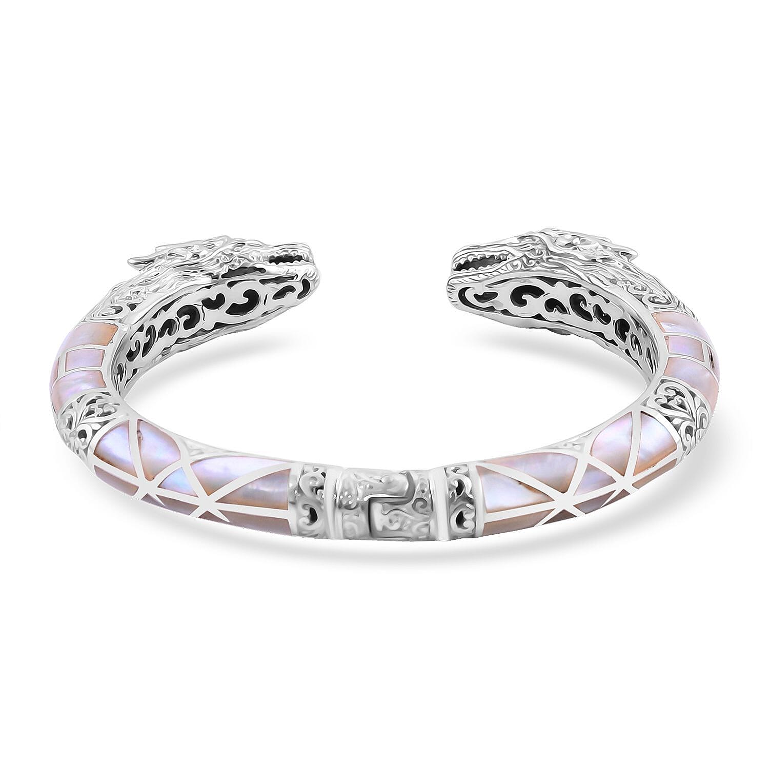 Royal Bali Collection - Artisan Crafted Mother Of Pearl Cuff Bangle (Size 7.5) Sterling Silver, Silver Wt. 45.5 Gms