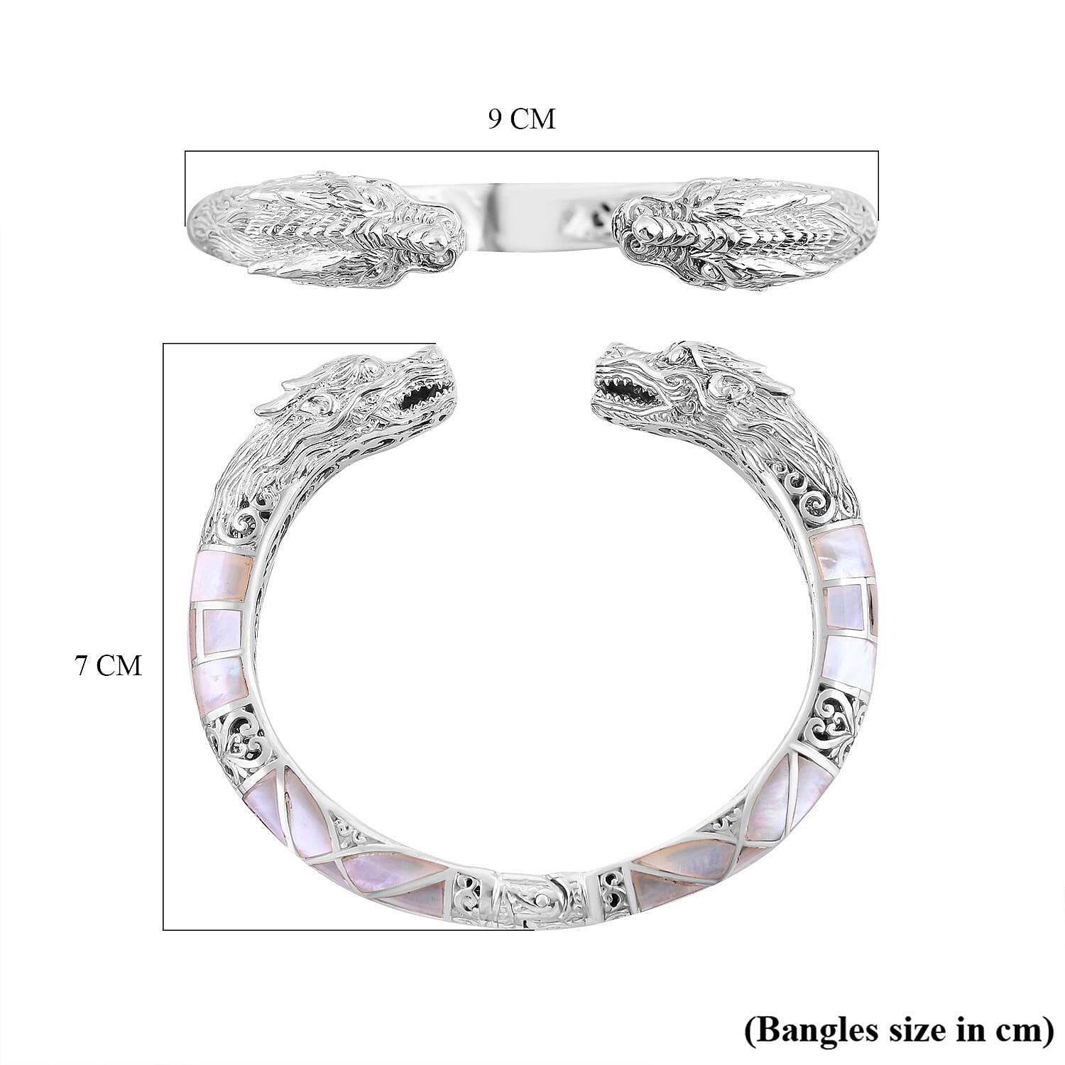 Royal Bali Collection - Artisan Crafted Mother Of Pearl Cuff Bangle (Size 7.5) Sterling Silver, Silver Wt. 45.5 Gms