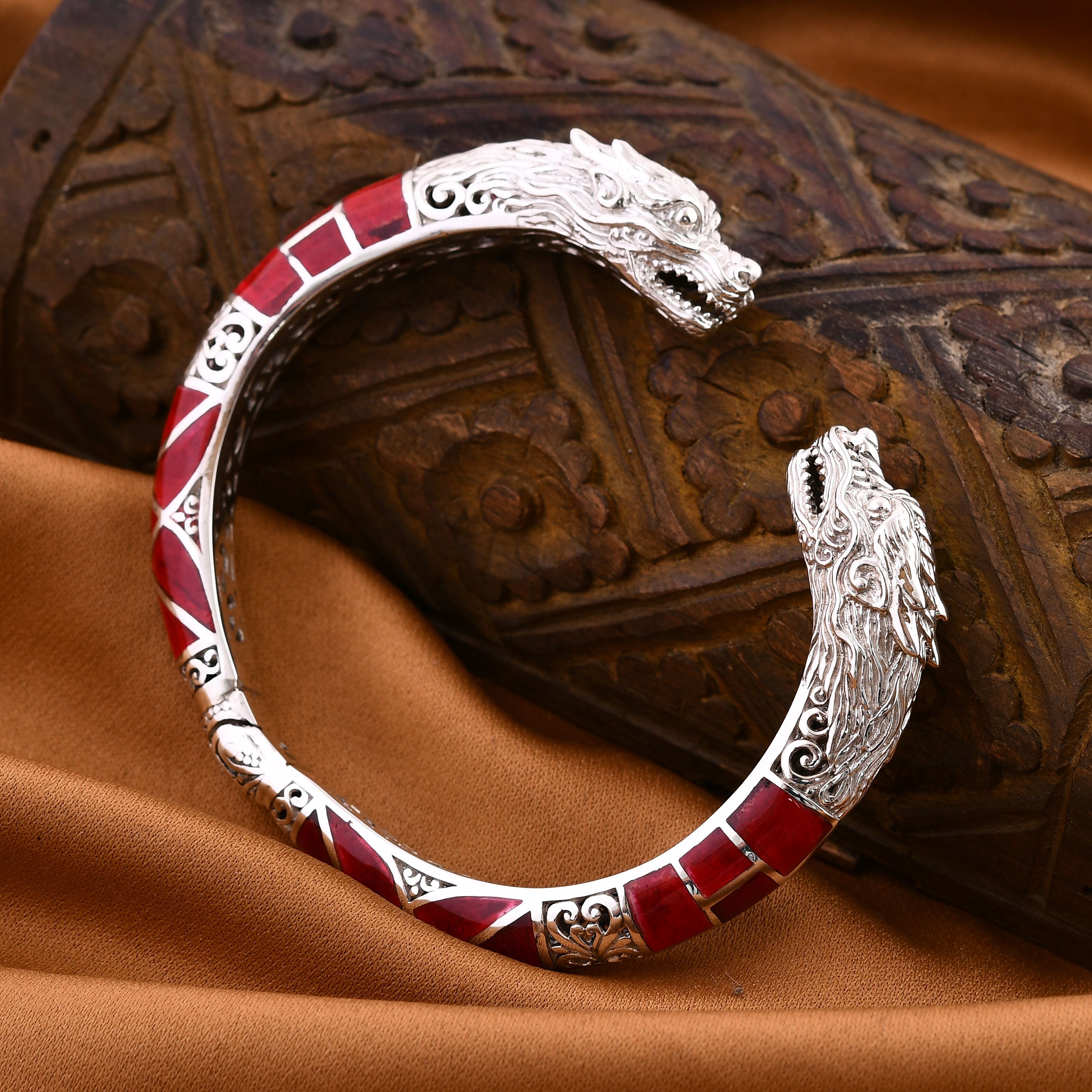 Royal Bali Collection - Artisan Crafted Coral Cuff Bangle (Size 7.5) in Sterling Silver, Silver Wt. 45.30 Gms