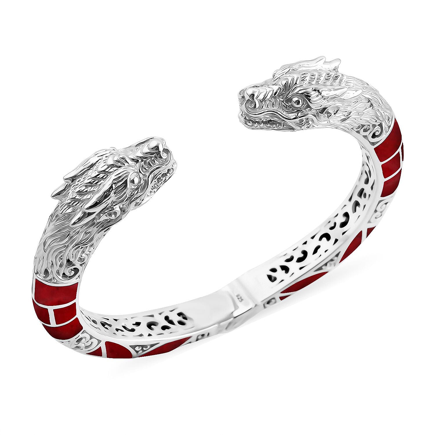 Royal Bali Collection - Artisan Crafted Coral Cuff Bangle (Size 7.5) in Sterling Silver, Silver Wt. 45.30 Gms