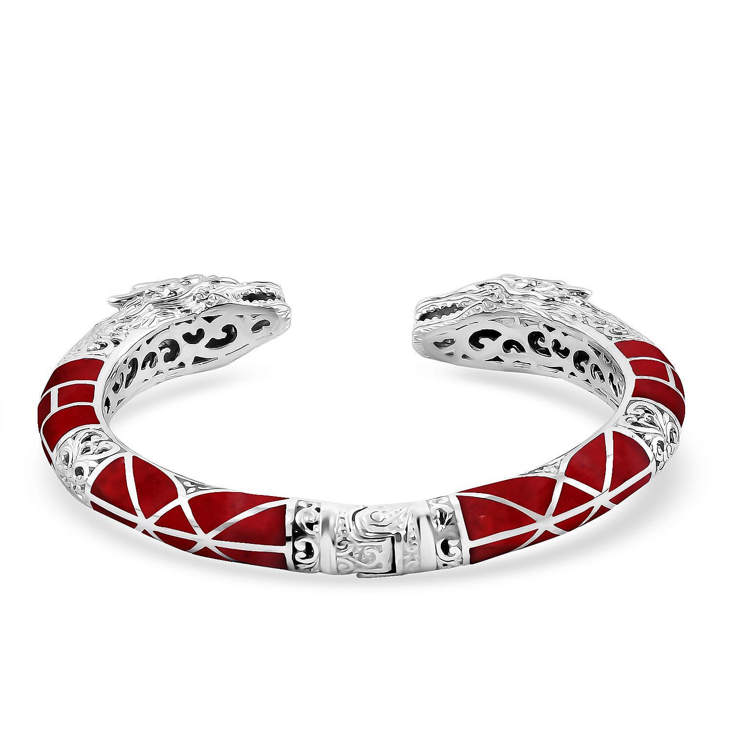 Royal Bali Collection - Artisan Crafted Coral Cuff Bangle (Size 7.5) in Sterling Silver, Silver Wt. 45.30 Gms