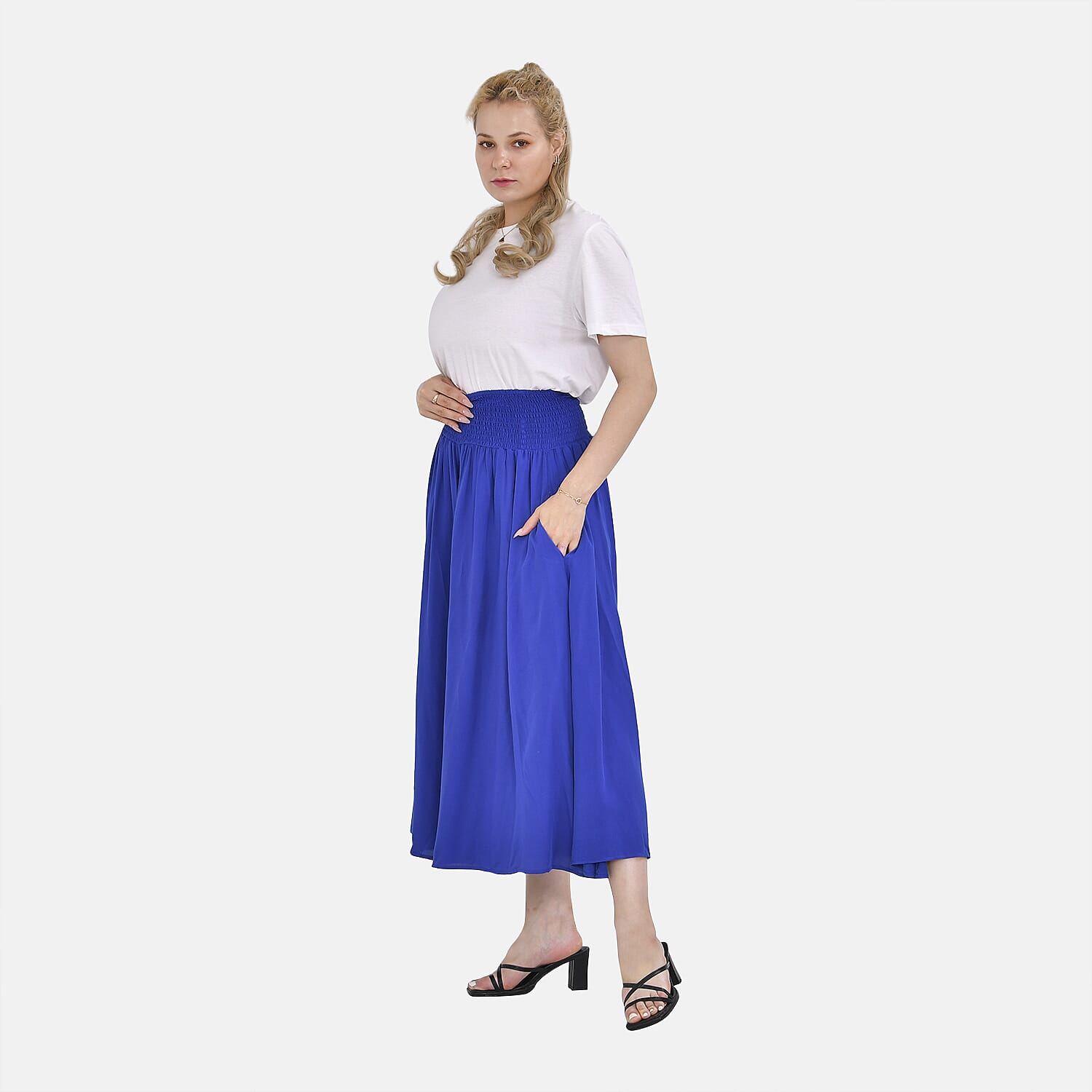 Tamsy 100% Viscose Smocked Waist Culottes (One Size 8-18) - Blue