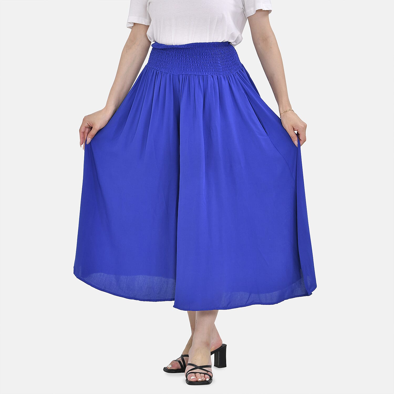 Tamsy 100% Viscose Smocked Waist Culottes (One Size 8-18) - Blue