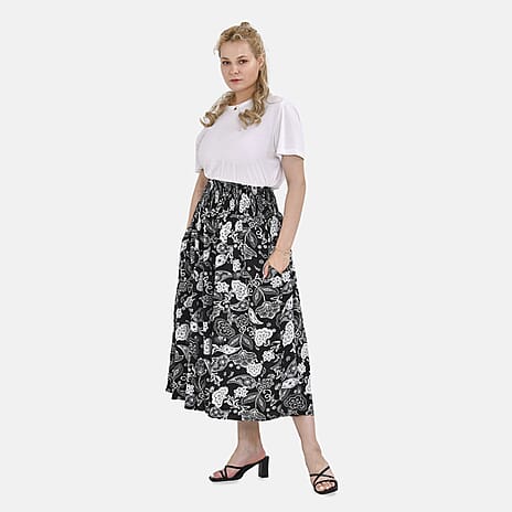 Tamsy 100% Viscose Paisley Printed Smocked Waist Culottes (One Size 8-18) - Black