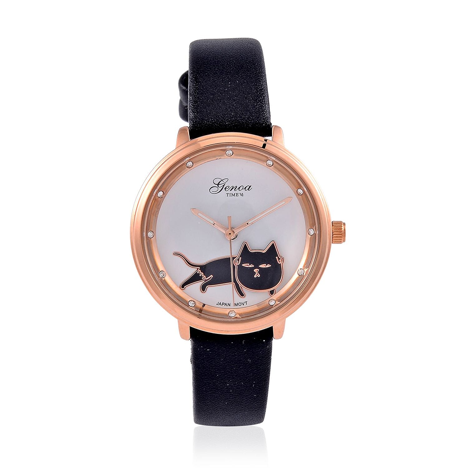 GENOA TIME V2 Japan Movt. 3 ATM Water Resistant Cat Pattern Watch with Black Leather Strap
