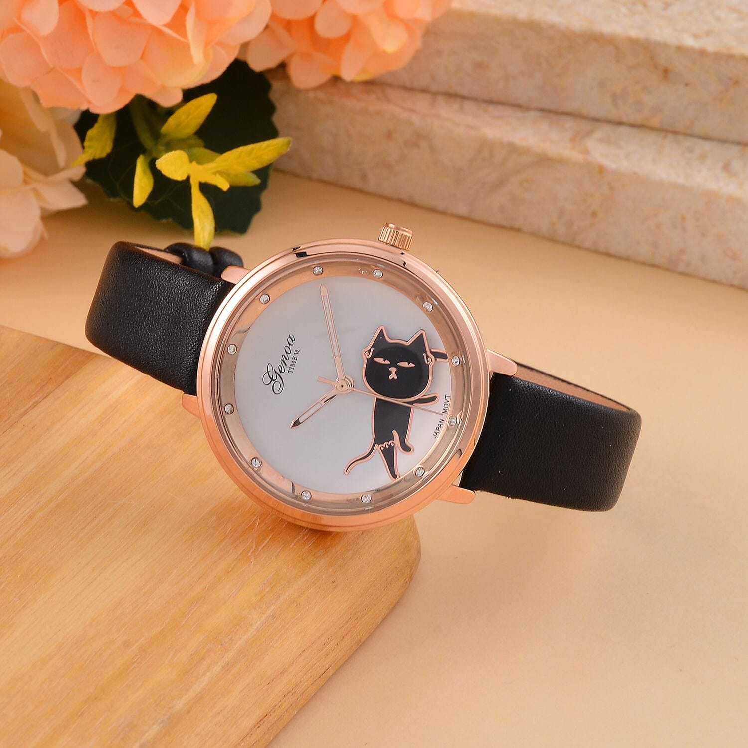 GENOA TIME V2 Japan Movt. 3 ATM Water Resistant Cat Pattern Watch with Black Leather Strap