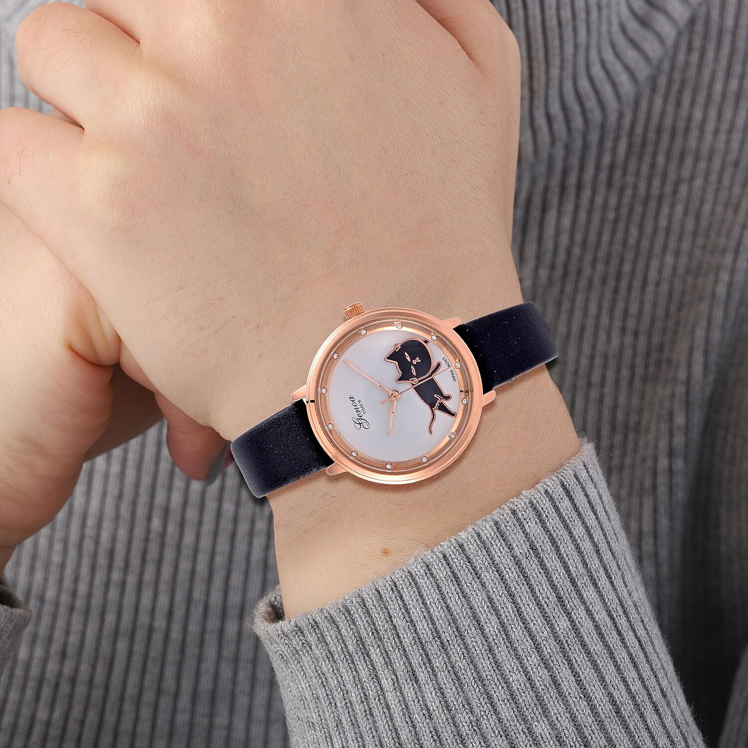 GENOA TIME V2 Japan Movt. 3 ATM Water Resistant Cat Pattern Watch with Black Leather Strap