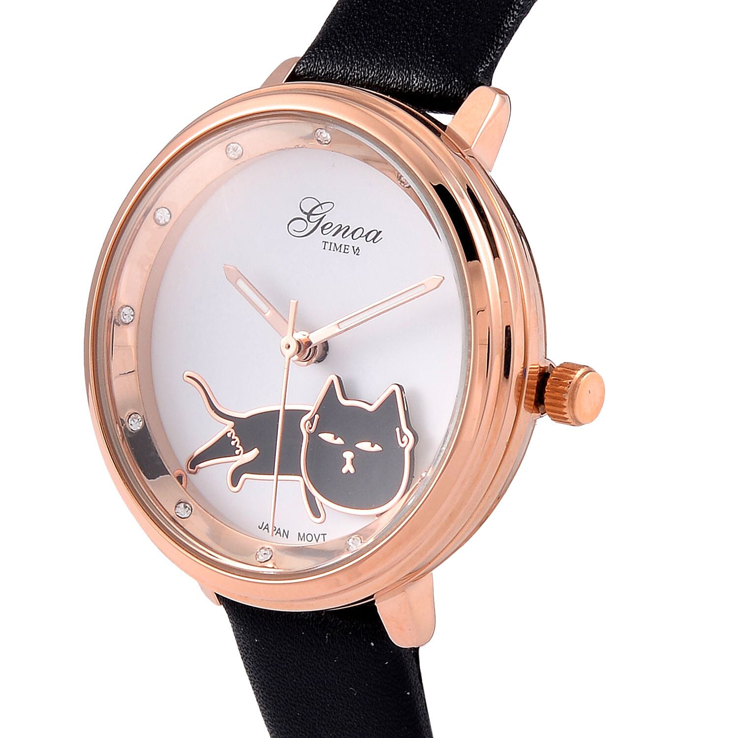 GENOA TIME V2 Japan Movt. 3 ATM Water Resistant Cat Pattern Watch with Black Leather Strap
