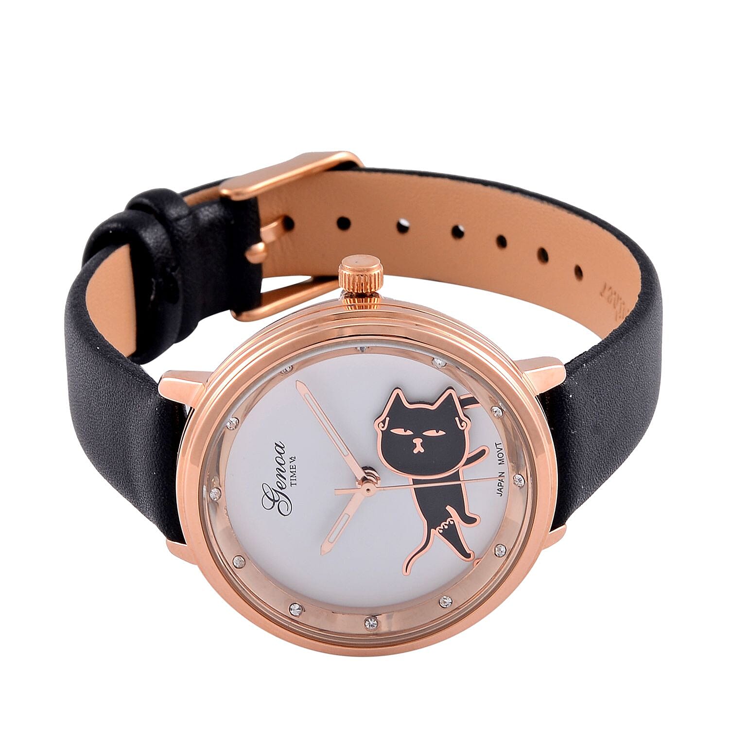 GENOA TIME V2 Japan Movt. 3 ATM Water Resistant Cat Pattern Watch with Black Leather Strap