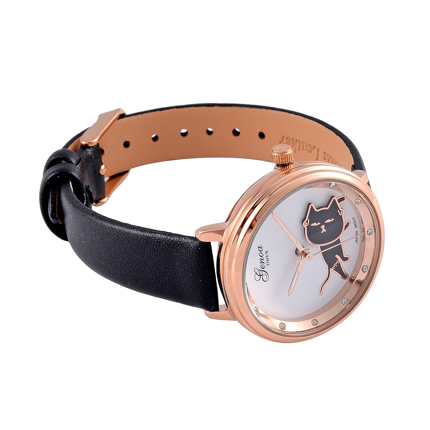 GENOA TIME V2 Japan Movt. 3 ATM Water Resistant Cat Pattern Watch with Black Leather Strap