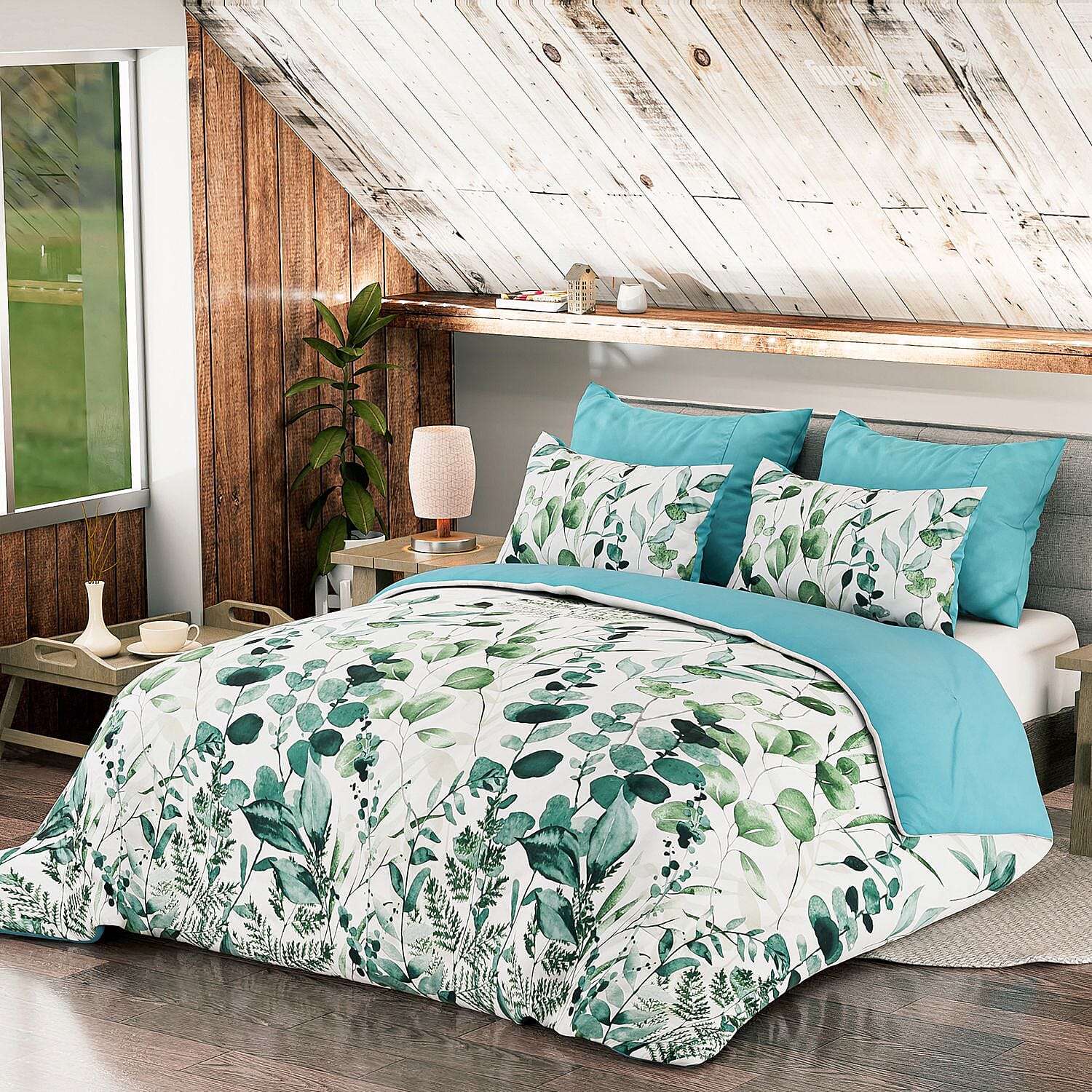 3 Piece Set Leaves Pattern Comforter with 2 Pillow Cases Double Size 200x200 cm Green 7703014 TJC