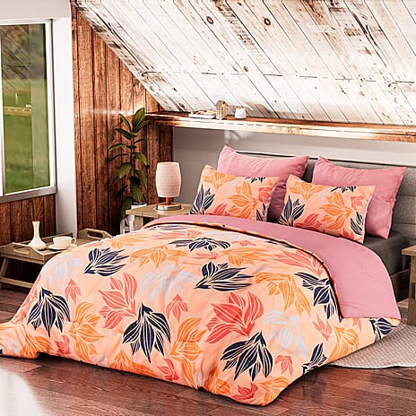 3 Piece Set - Floral Pattern Comforter with 2 Pillow Cases (Double Size 200x200 cm) - Pink