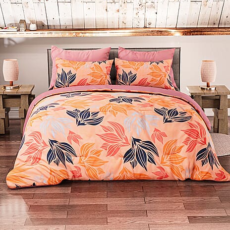 3 Piece Set - Floral Pattern Comforter with 2 Pillow Cases (Double Size 200x200 cm) - Pink