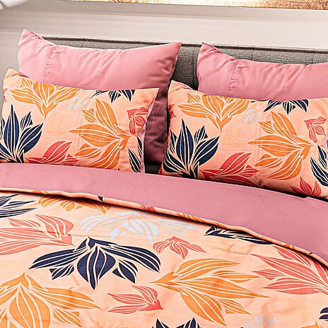 3 Piece Set - Floral Pattern Comforter with 2 Pillow Cases (Double Size 200x200 cm) - Pink