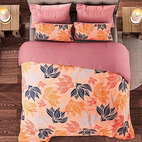 3 Piece Set - Floral Pattern Comforter with 2 Pillow Cases (Double Size 200x200 cm) - Pink