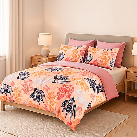 3 Piece Set - Floral Pattern Comforter with 2 Pillow Cases (King Size 225x220 cm) - Pink