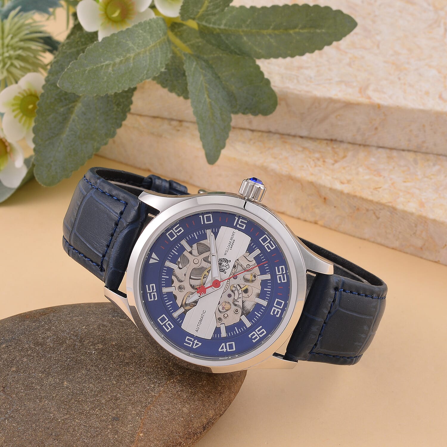  WILLIAM HUNT 5 ATM Water Resistant Automatic Movt. Watch in Silver Tone with Black Leather Strap