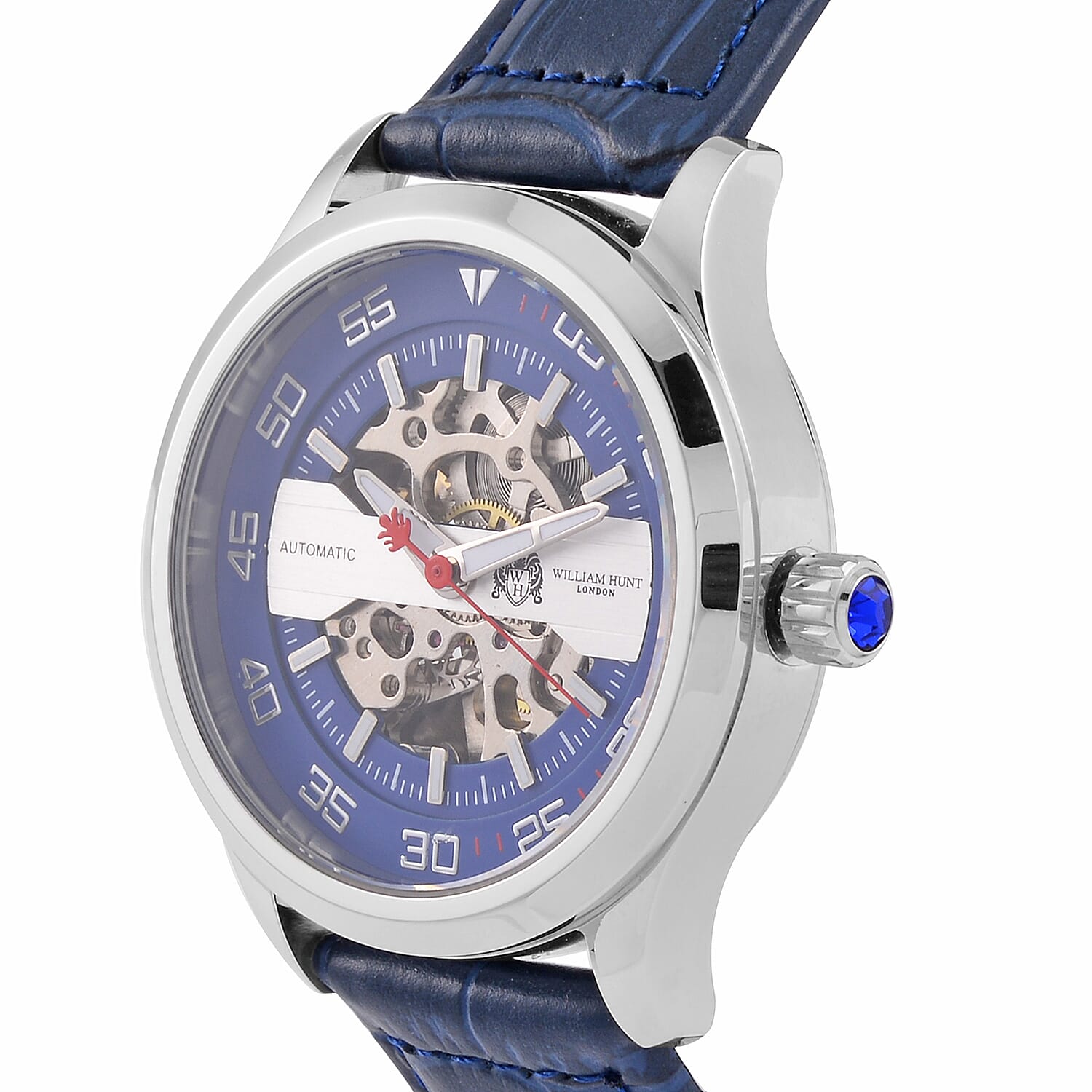  WILLIAM HUNT 5 ATM Water Resistant Automatic Movt. Watch in Silver Tone with Black Leather Strap