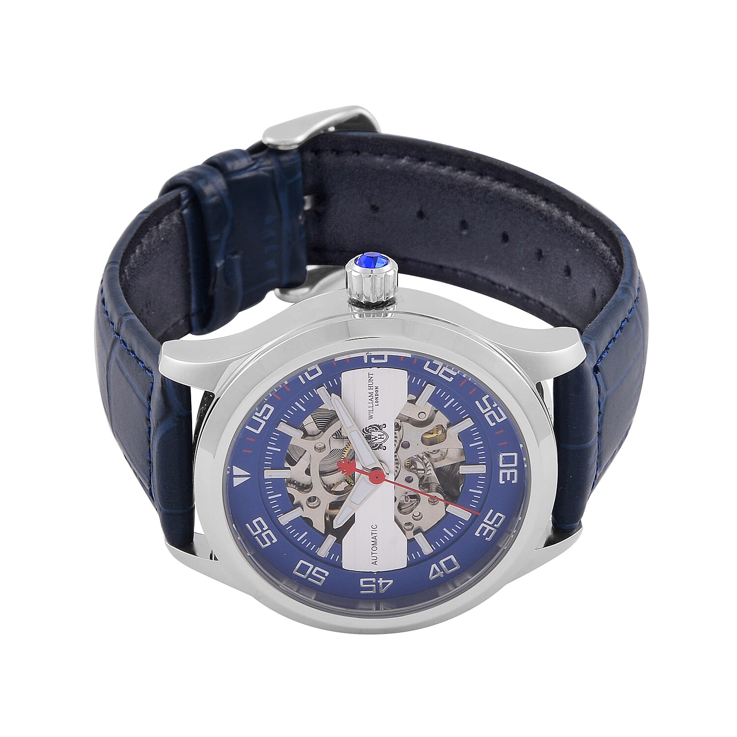  WILLIAM HUNT 5 ATM Water Resistant Automatic Movt. Watch in Silver Tone with Black Leather Strap