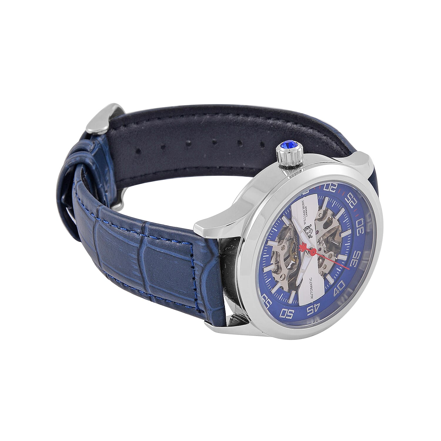  WILLIAM HUNT 5 ATM Water Resistant Automatic Movt. Watch in Silver Tone with Black Leather Strap