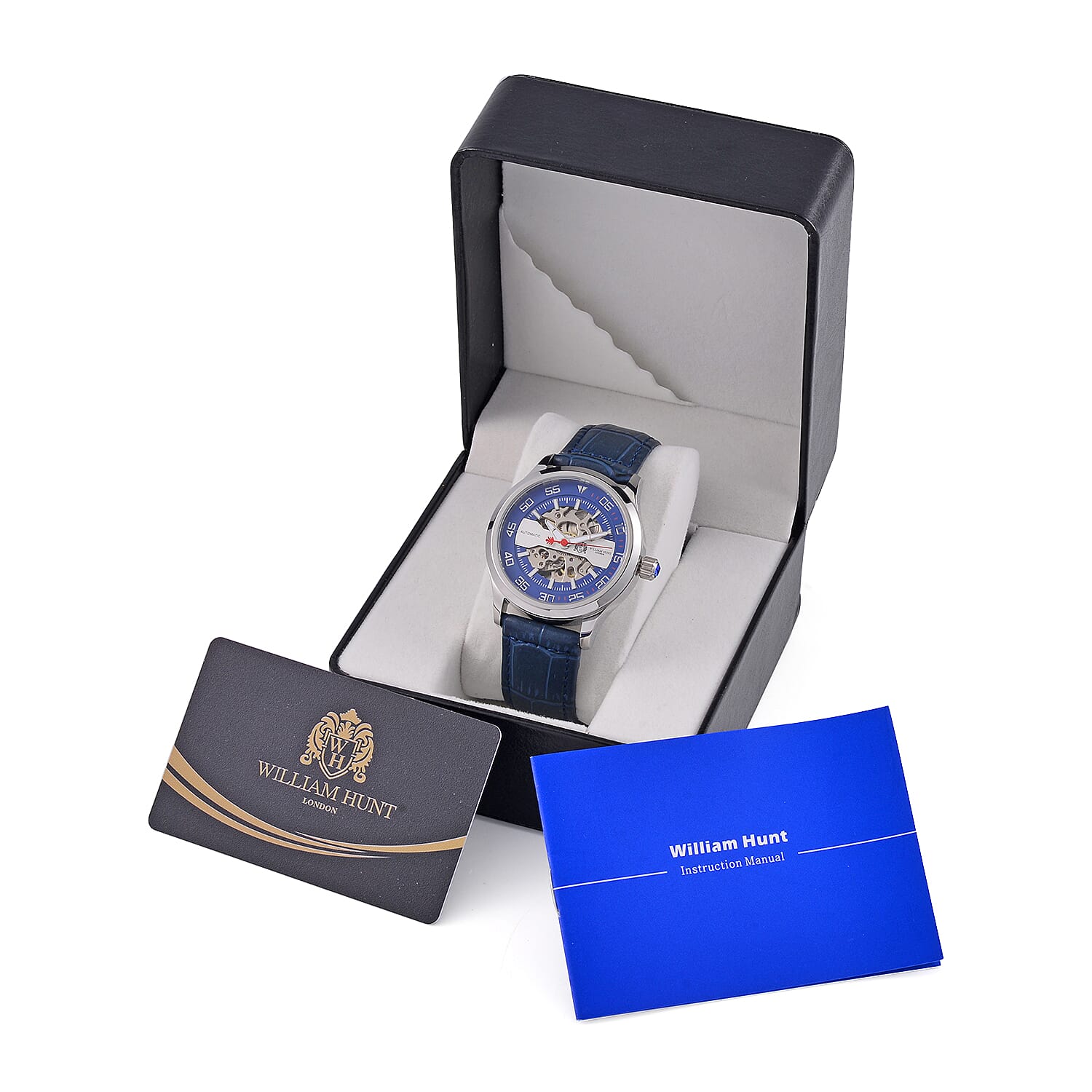  WILLIAM HUNT 5 ATM Water Resistant Automatic Movt. Watch in Silver Tone with Black Leather Strap