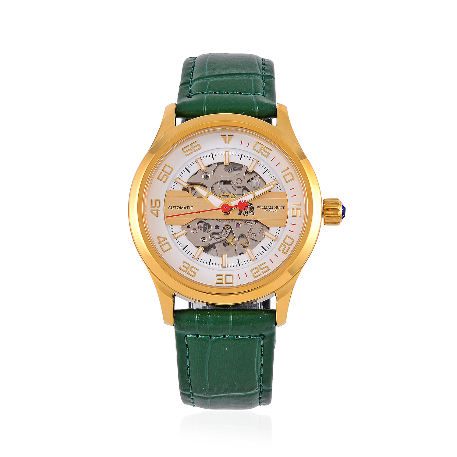 WILLIAM HUNT 5 ATM Water Resistant Automatic Movt. Watch in Gold Tone with Green Leather Strap