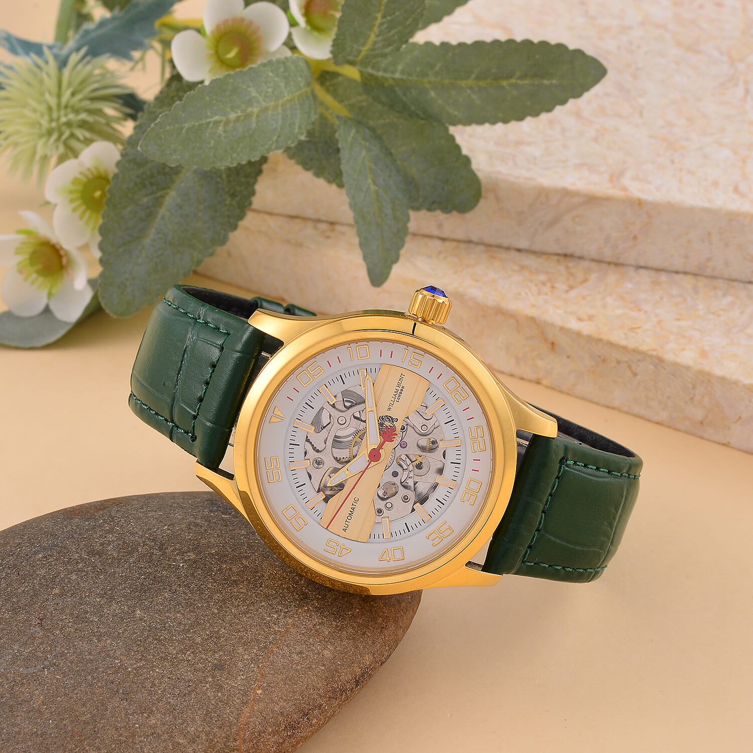 WILLIAM HUNT 5 ATM Water Resistant Automatic Movt. Watch in Gold Tone with Green Leather Strap