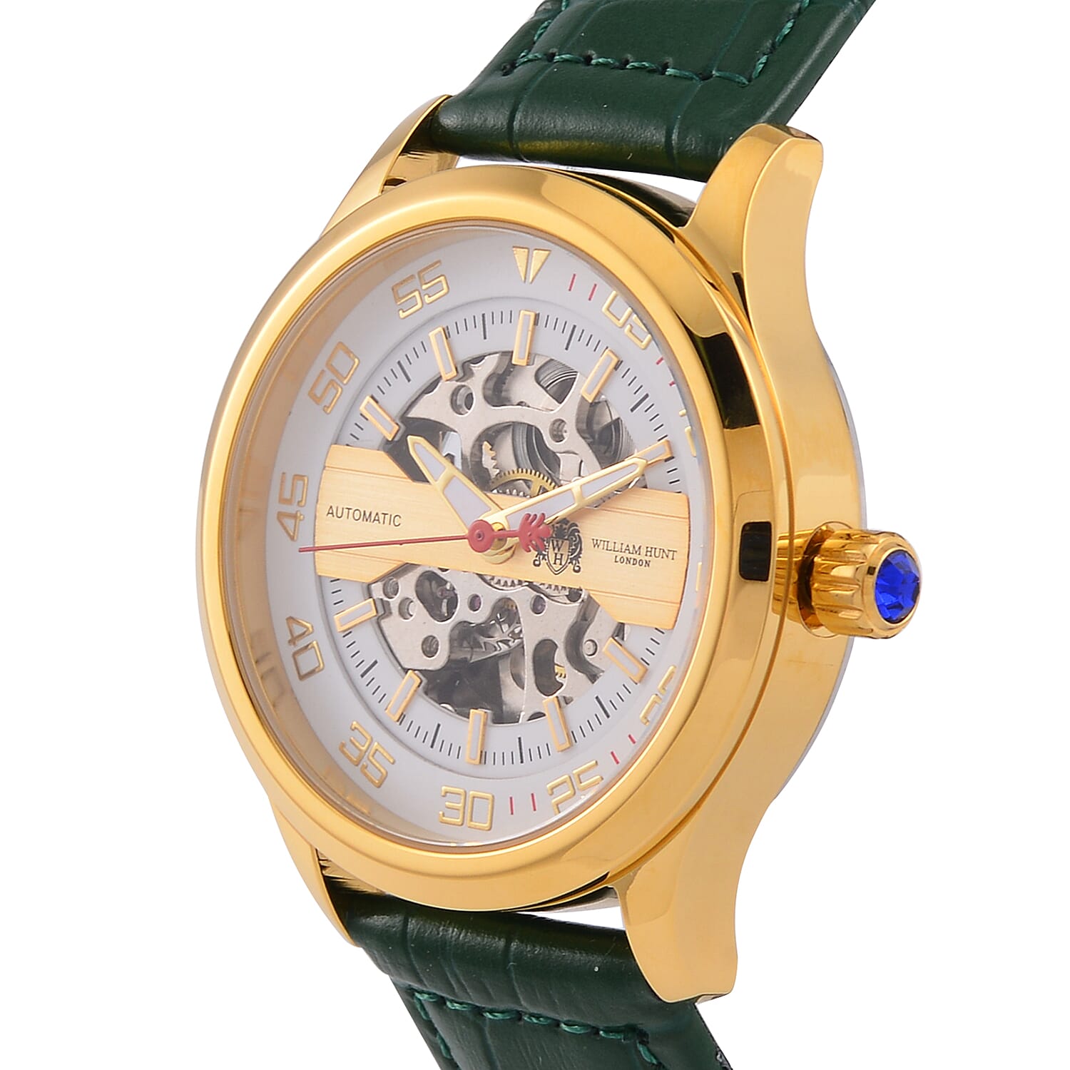 WILLIAM HUNT 5 ATM Water Resistant Automatic Movt. Watch in Gold Tone with Green Leather Strap