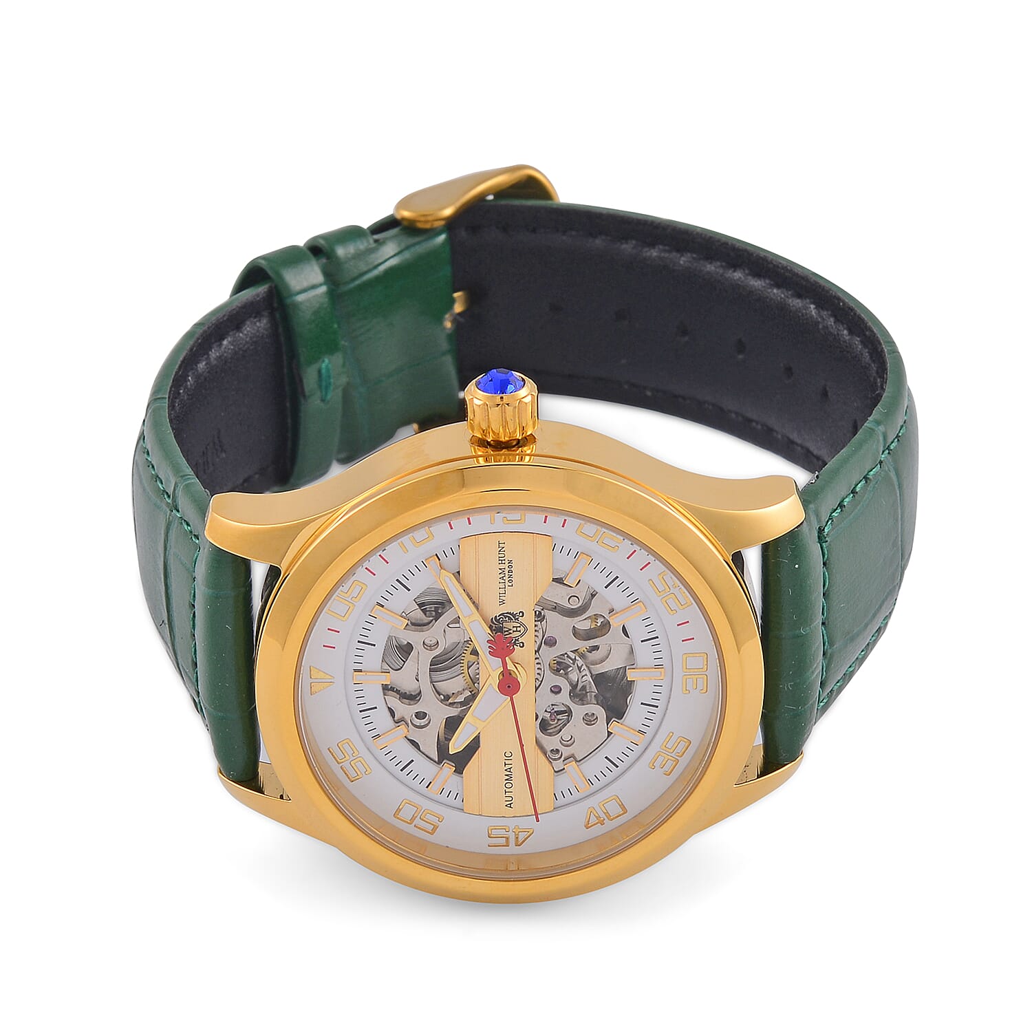 WILLIAM HUNT 5 ATM Water Resistant Automatic Movt. Watch in Gold Tone with Green Leather Strap WILLIAM HUNT 5 ATM Water Resistant Automatic Movt. Watch in Gold Tone with Green Leather Strap