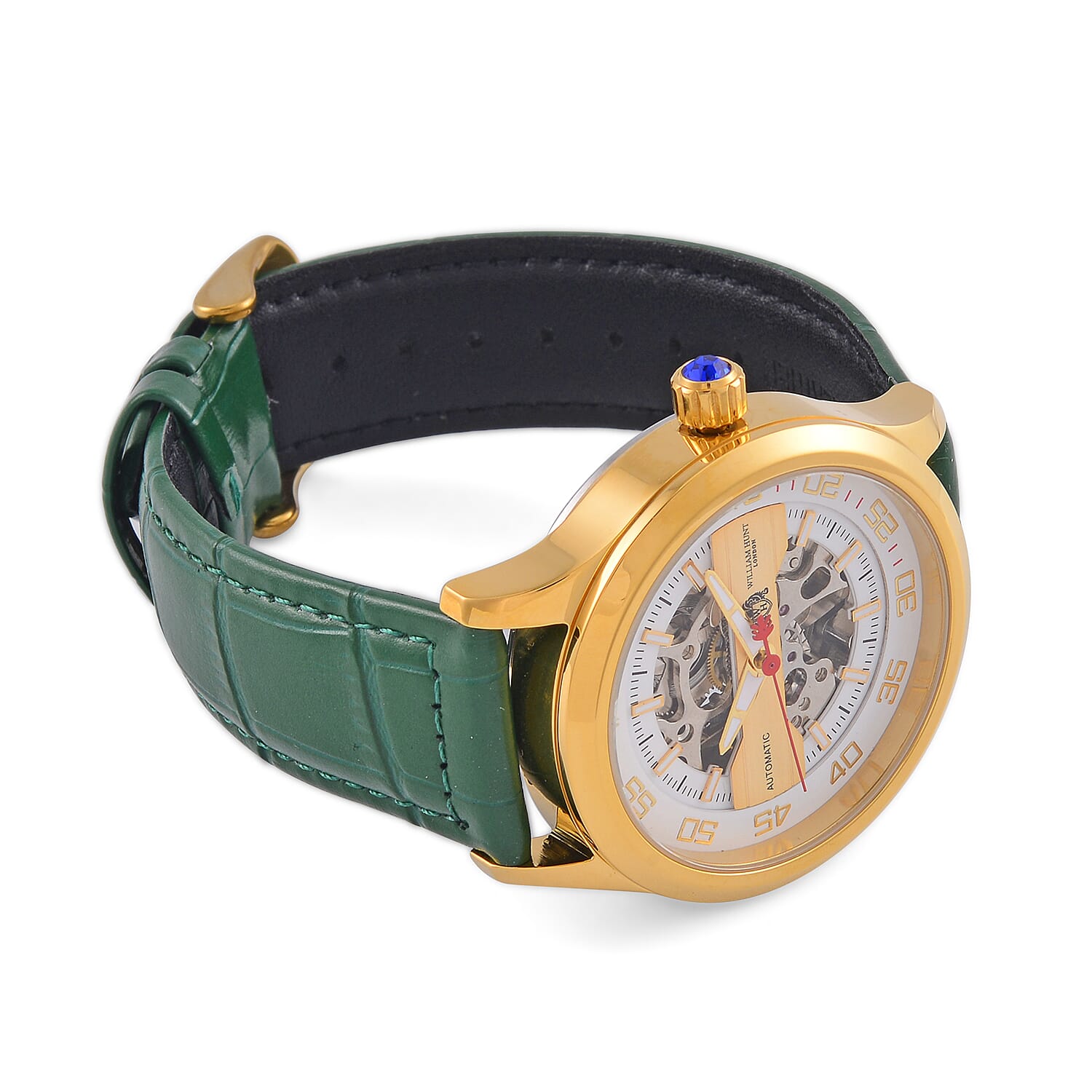 WILLIAM HUNT 5 ATM Water Resistant Automatic Movt. Watch in Gold Tone with Green Leather Strap WILLIAM HUNT 5 ATM Water Resistant Automatic Movt. Watch in Gold Tone with Green Leather Strap