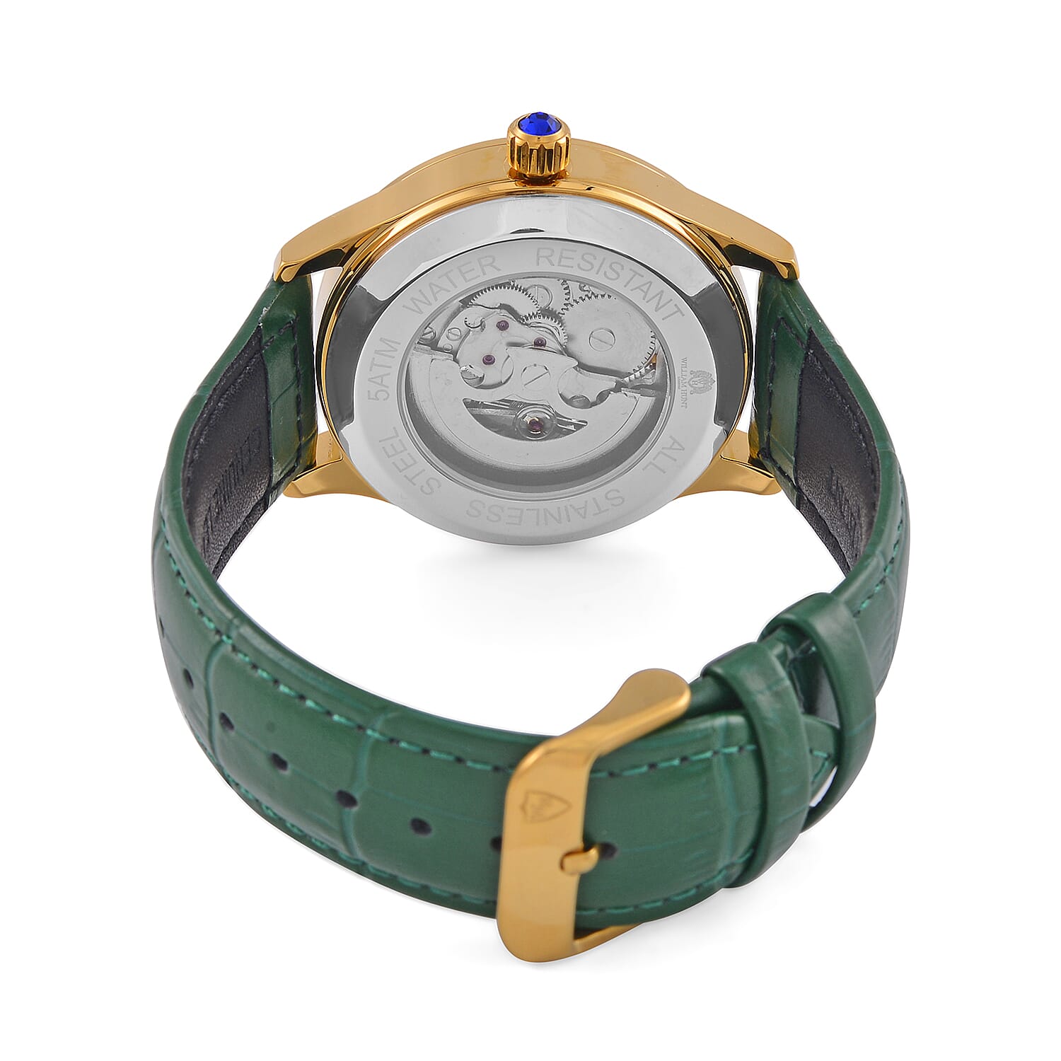 WILLIAM HUNT 5 ATM Water Resistant Automatic Movt. Watch in Gold Tone with Green Leather Strap WILLIAM HUNT 5 ATM Water Resistant Automatic Movt. Watch in Gold Tone with Green Leather Strap