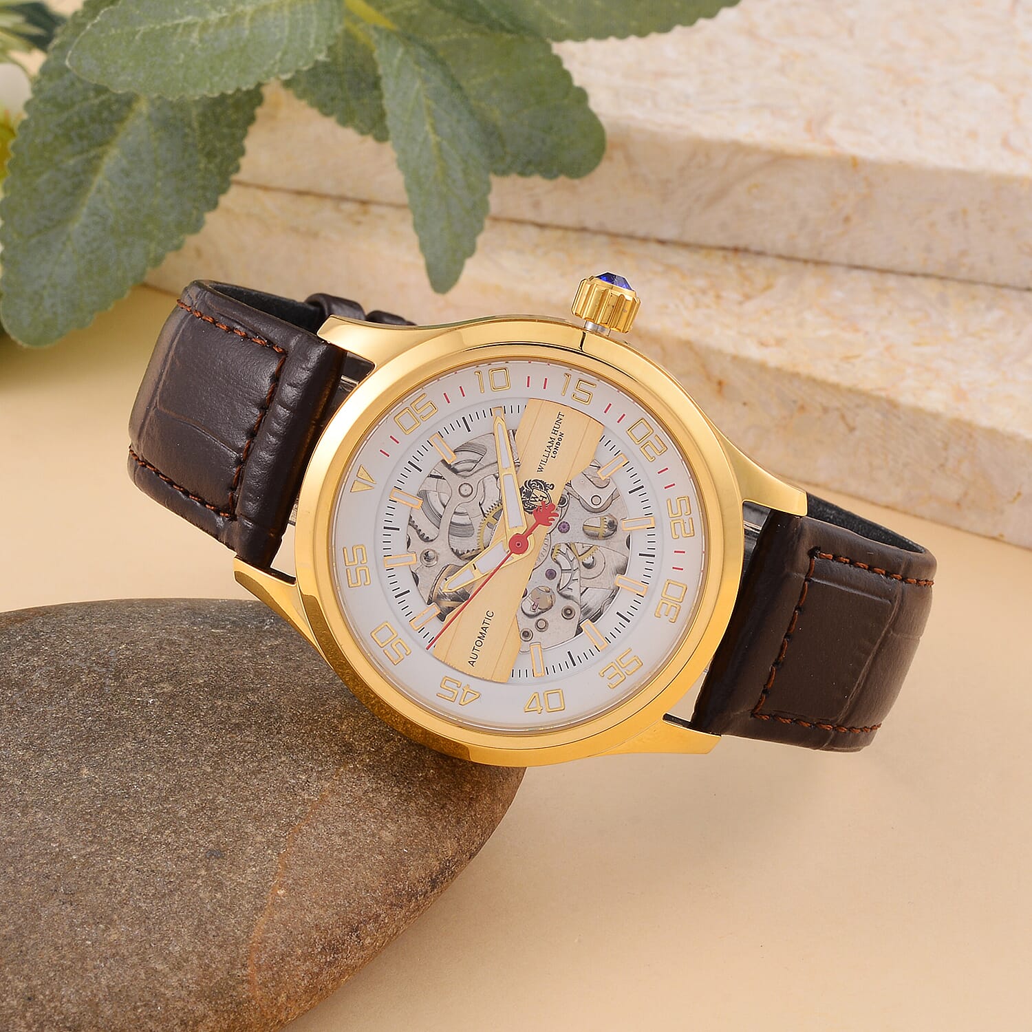 William Hunt Automatic Movt. 5ATM Water Resistant Watch with Brown Leather Strap