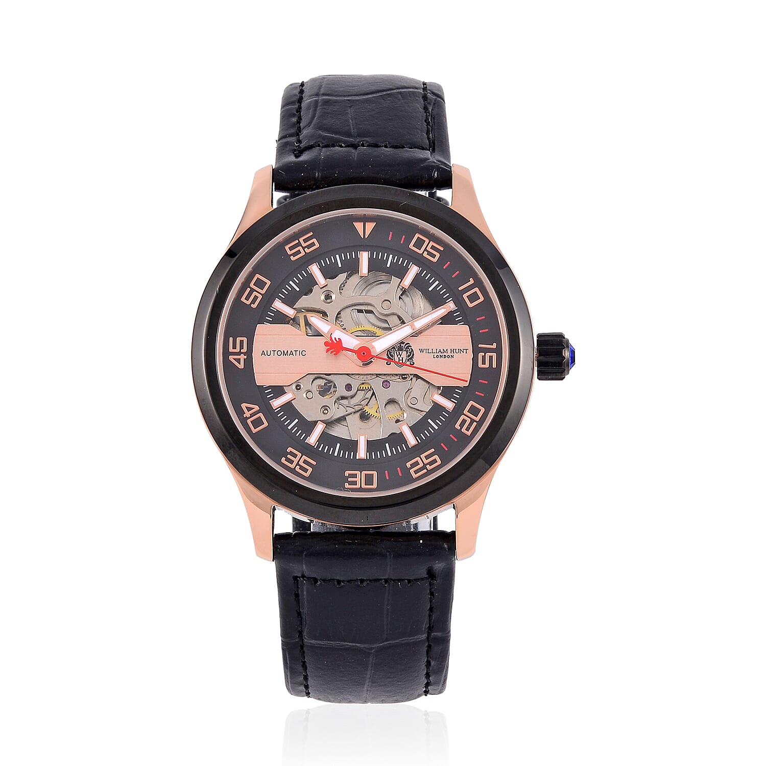 WILLIAM HUNT 5 ATM Water Resistant Automatic Movt. Watch in Rose Gold Tone with Black Leather Strap