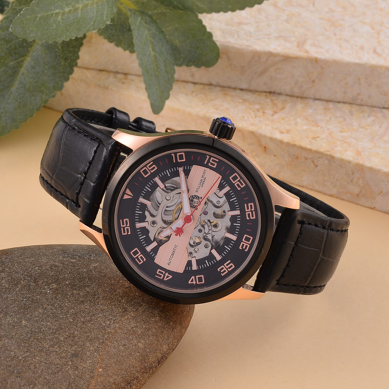 WILLIAM HUNT 5 ATM Water Resistant Automatic Movt. Watch in Rose Gold Tone with Black Leather Strap
