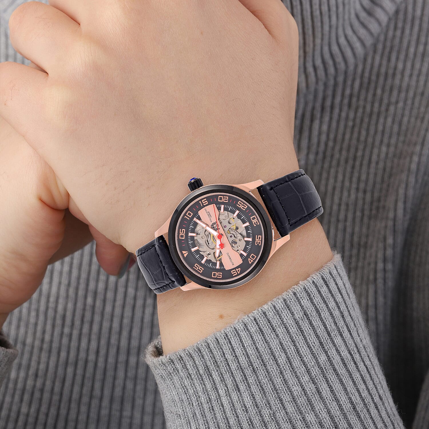 WILLIAM HUNT 5 ATM Water Resistant Automatic Movt. Watch in Rose Gold Tone with Black Leather Strap