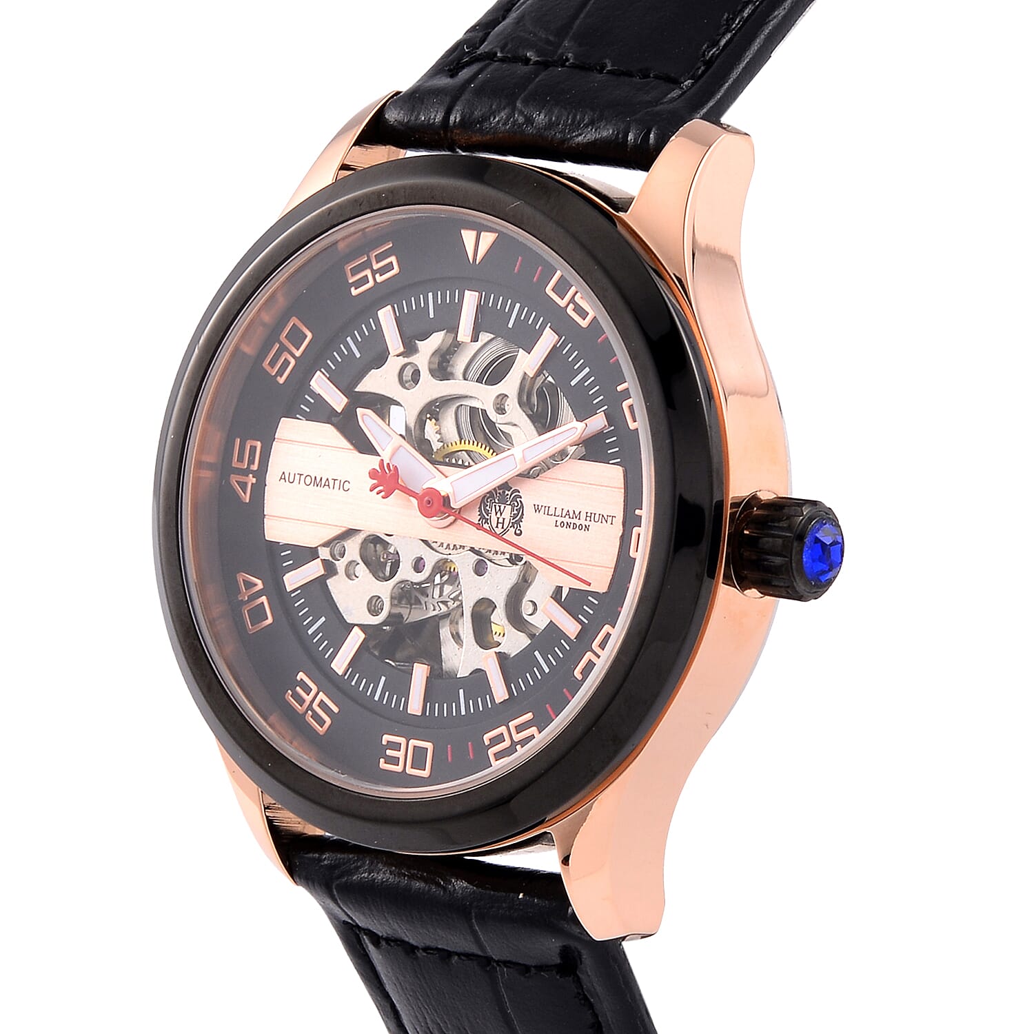 WILLIAM HUNT 5 ATM Water Resistant Automatic Movt. Watch in Rose Gold Tone with Black Leather Strap