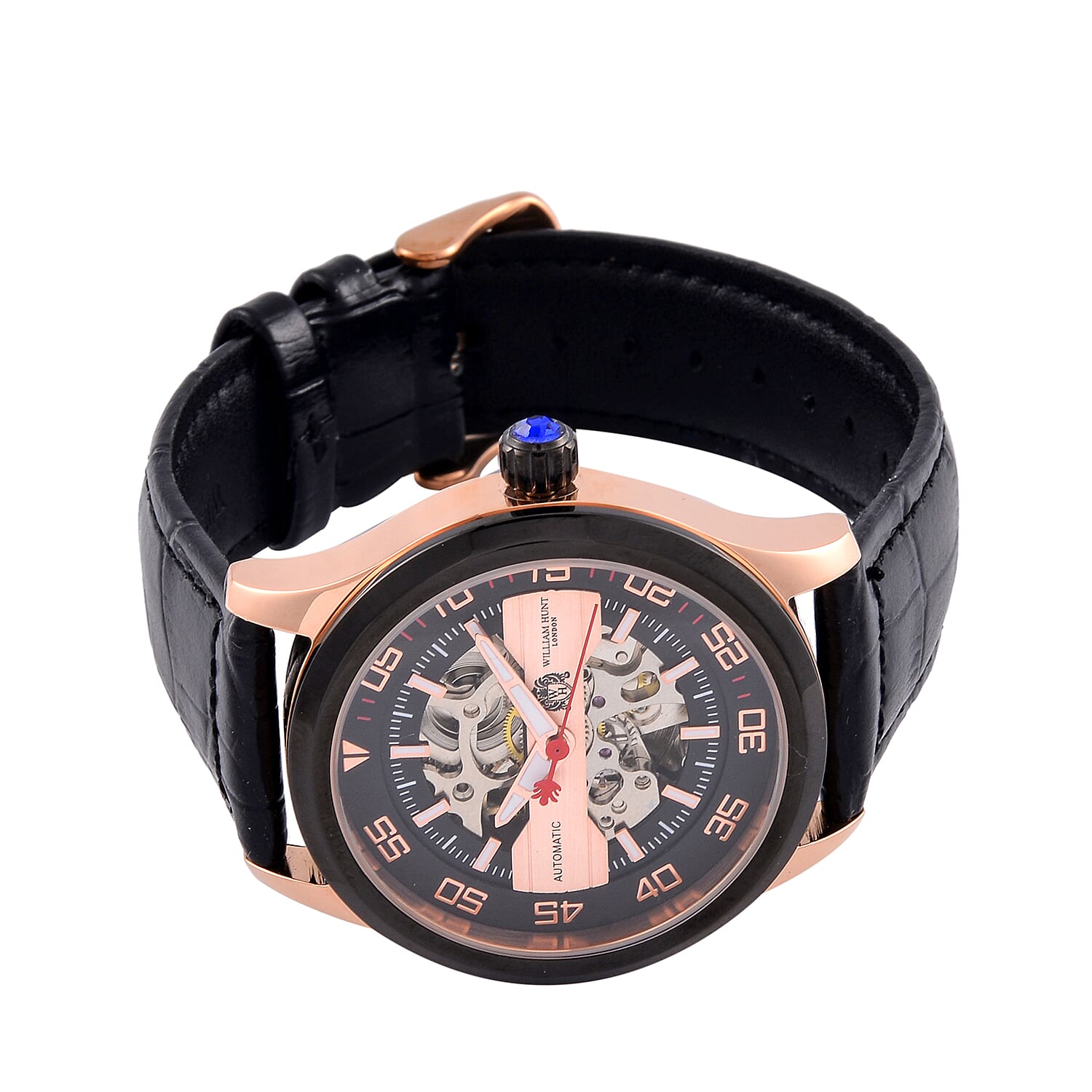 WILLIAM HUNT 5 ATM Water Resistant Automatic Movt. Watch in Rose Gold Tone with Black Leather Strap