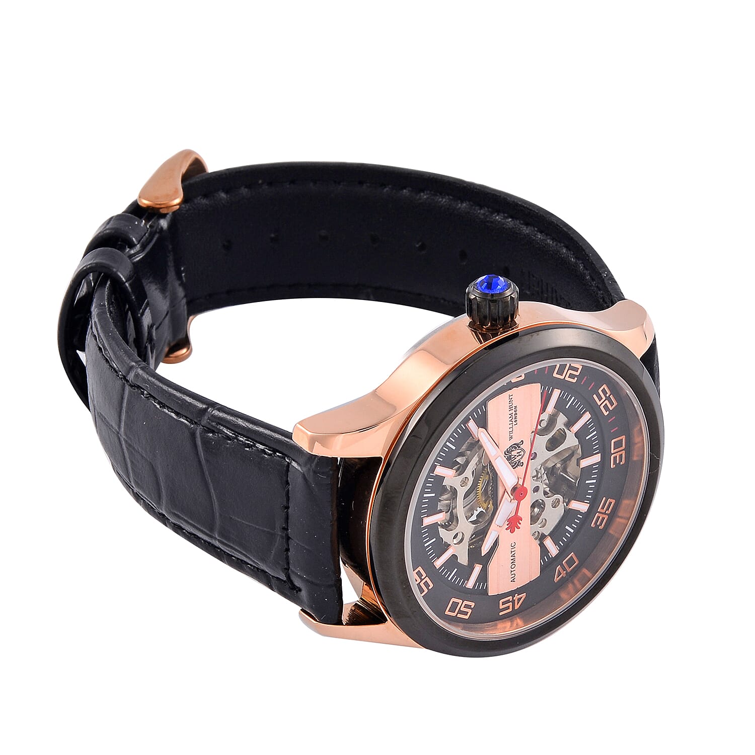 WILLIAM HUNT 5 ATM Water Resistant Automatic Movt. Watch in Rose Gold Tone with Black Leather Strap